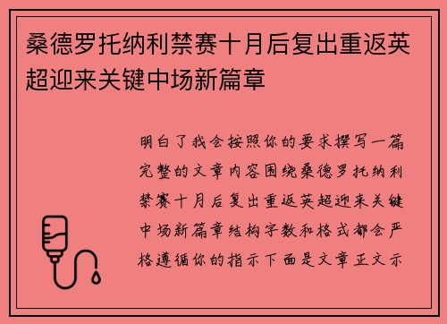 桑德罗托纳利禁赛十月后复出重返英超迎来关键中场新篇章